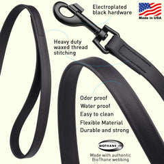 Dogline Biothane odor-proof leash dries quickly after muddy adventures.