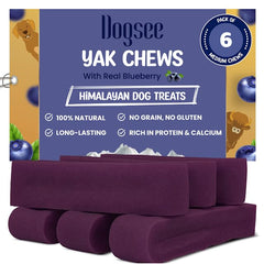 Dogsee Blueberry yak cheese dental chews in packaging, grain-free formula for dogs.