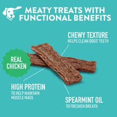 Dogswell Dental Chicken Jerky close-up texture emphasizes protein-forward treat.