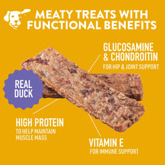 Dogswell Hip & Joint Duck Jerky product shot emphasizing USA-made quality