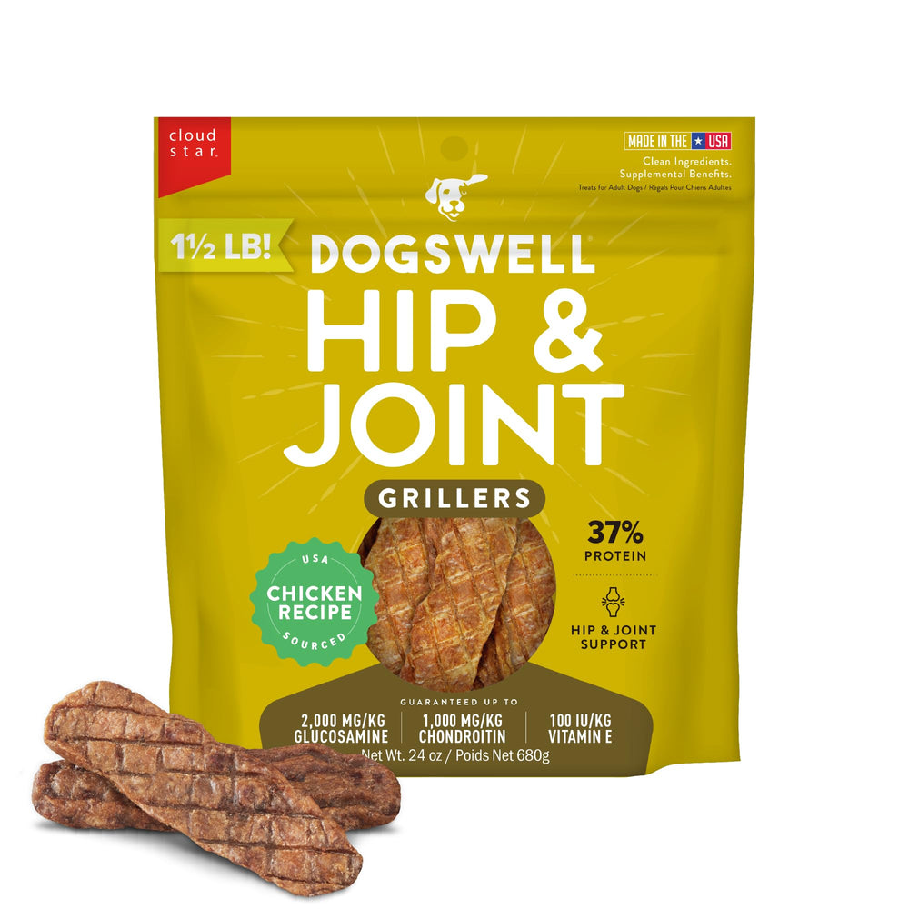 Dogswell Hip & Joint Grillers bag front—smoky aroma and high-protein formula for dogs