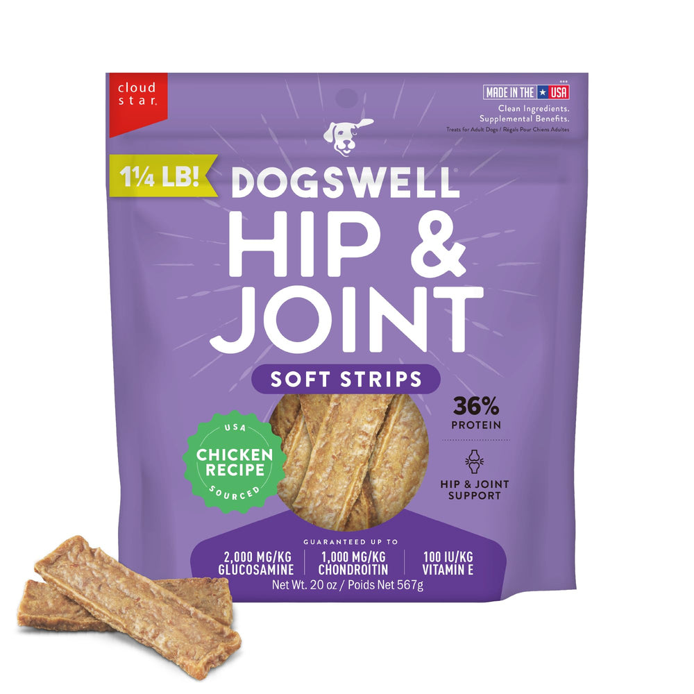 Dogswell hip joint soft strips in a 20 oz pouch support active dogs.