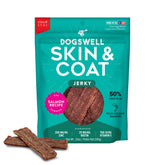 Dogswell Skin & Coat Salmon Jerky pouch highlighting high-protein snack.