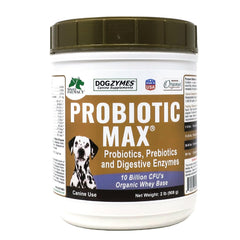 Dogzymes Probiotic Max bottle label with eight strains for gut support.