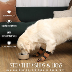 DOK TigerToes XXL dog socks on hardwood floor showing secure grip for slippery surfaces