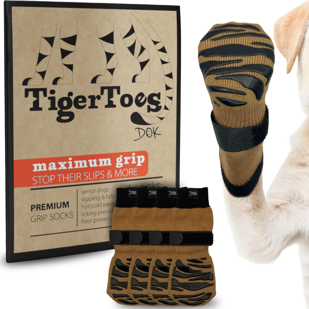 DOK TigerToes XXL dog socks on packaging highlighting premium grip and easy size selection