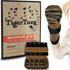 DOK TigerToes XXL dog socks on packaging highlighting premium grip and easy size selection