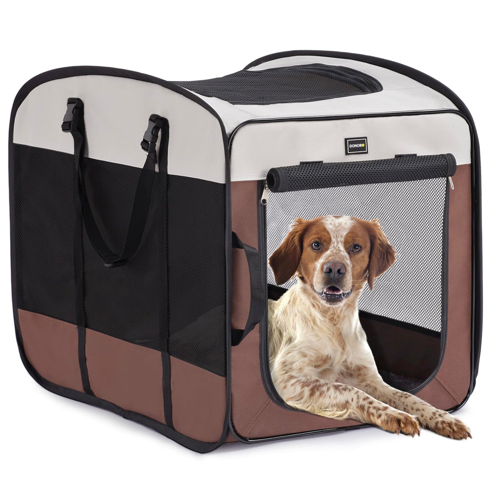 DONORO dog kennel with three-doors design for secure indoor confinement and ventilation.