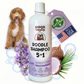 DOOD WOOF bottle pour shows a 5-in-1 wash for doodle coats.