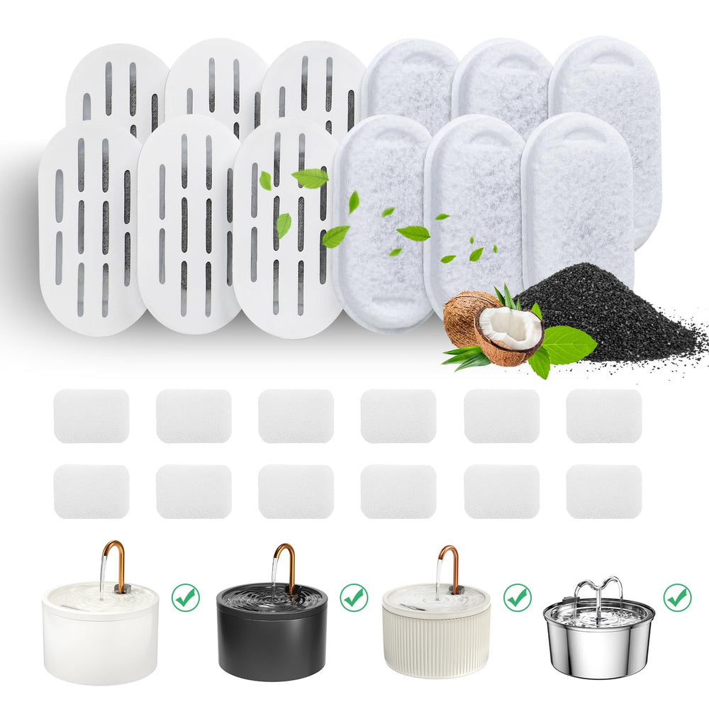 DOOOB Cat Fountain Filter packaging shows 12 filters and 12 sponges for easy replacement.