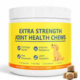 Dotkara Extra Strength Joint Chews packaging shown, offering daily dog joint support in a resealable tub.