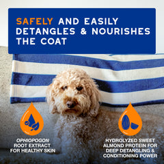 DOUXO Detangling Spray with hydrolyzed almond protein gently conditions and untangles fur.