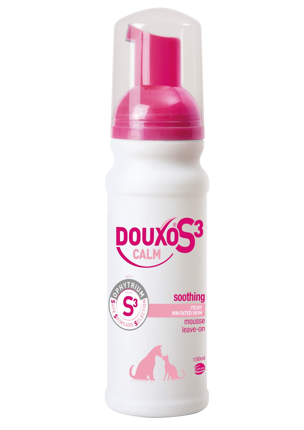 Douxo S3 Calm Itch Relief Mousse packaging showcases vet-approved formula for sensitive skin.