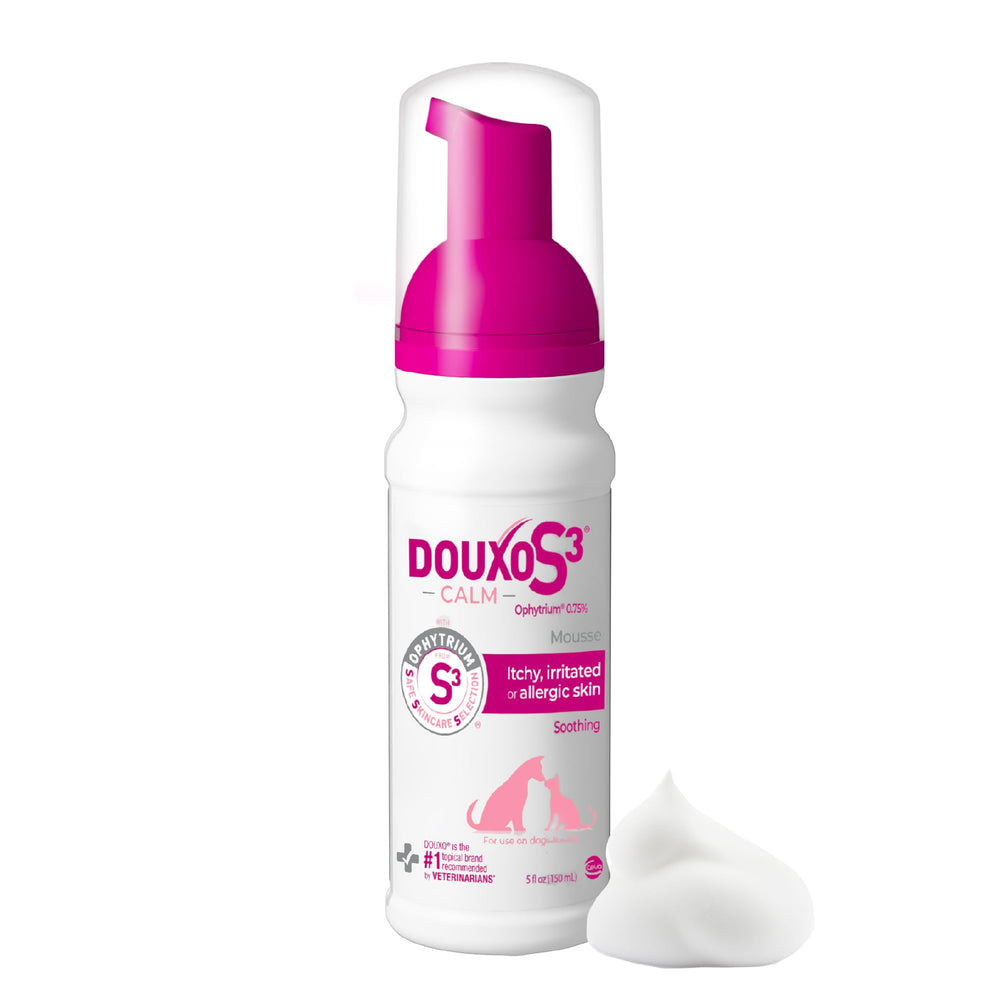Douxo S3 Calm Mousse bottle closeup, soothing skin support for dogs and cats.