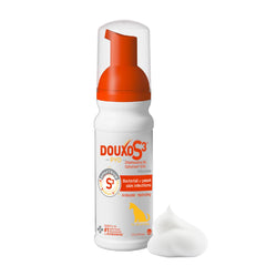 Douxo S3 Pyo Mousse bottle with pump for easy antiseptic skin care for dogs.
