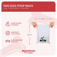 Downtown Pet Supply 1000-count roll of unscented bags, perforated for easy tear.
