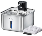 DownyPaws cat water fountain in stainless steel highlights durable hygienic surface and easy cleaning