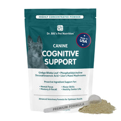 Dr. Bill's Canine Cognitive Support bottle front showing brain health ingredients for aging dogs