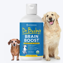 Dr. Buzby's Brain Boost bottle being poured onto dog food for cognitive support.