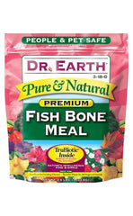 Dr Earth fish bone meal 3-18-0 packaging closeup, clean garden-friendly packaging