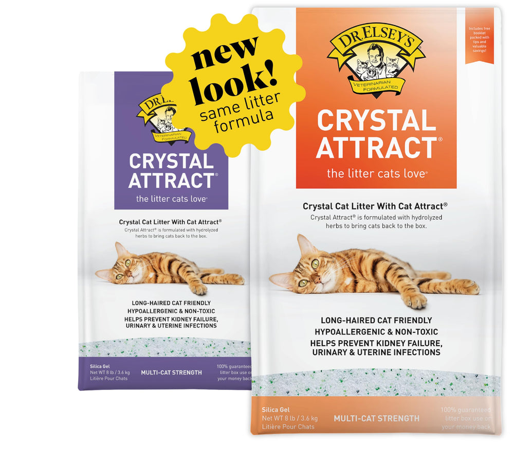Dr. Elsey's Crystal Attract packaging featuring 8 lb bag and herbal attractant for cats.