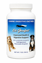 Dr. Goodpet Digestive Enzymes bottle closeup for dogs supporting easier digestion.