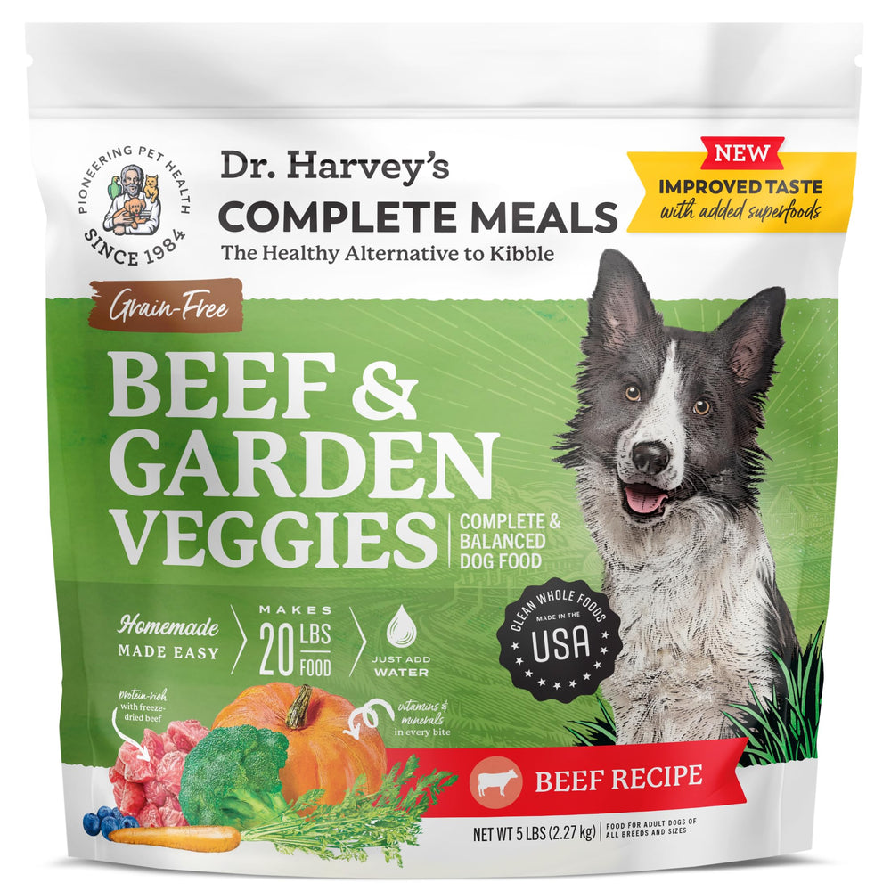 Dr. Harvey's Beef and Garden Veggies dog food, grain-free and gentle on sensitive stomachs.