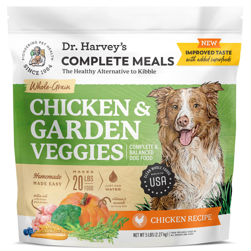 Dr. Harvey's Chicken & Garden Veggies dog food bag showing real beef and vegetables.