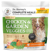 Dr. Harvey's Chicken & Garden Veggies dog food bag showing real beef and vegetables.