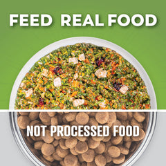 Rehydration step image—add warm water to Dr. Harvey's mix for a complete meal.