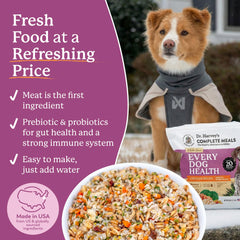 Dr. Harvey's Every Dog Health dehydrated chicken pieces visible for meals.