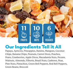 Close-up of fruits, nuts, and vegetables in Dr. Harvey's blend for varied diet.