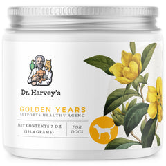 Dr. Harvey's Golden Years powder ready to mix into a senior dog's meal