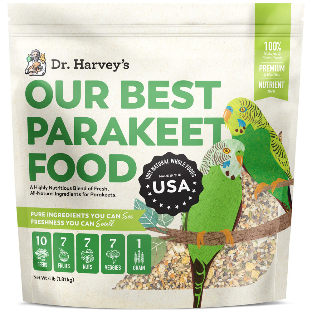 Dr. Harvey's Our Best Parakeet Food bag front, premium blend for balanced parakeet nutrition.