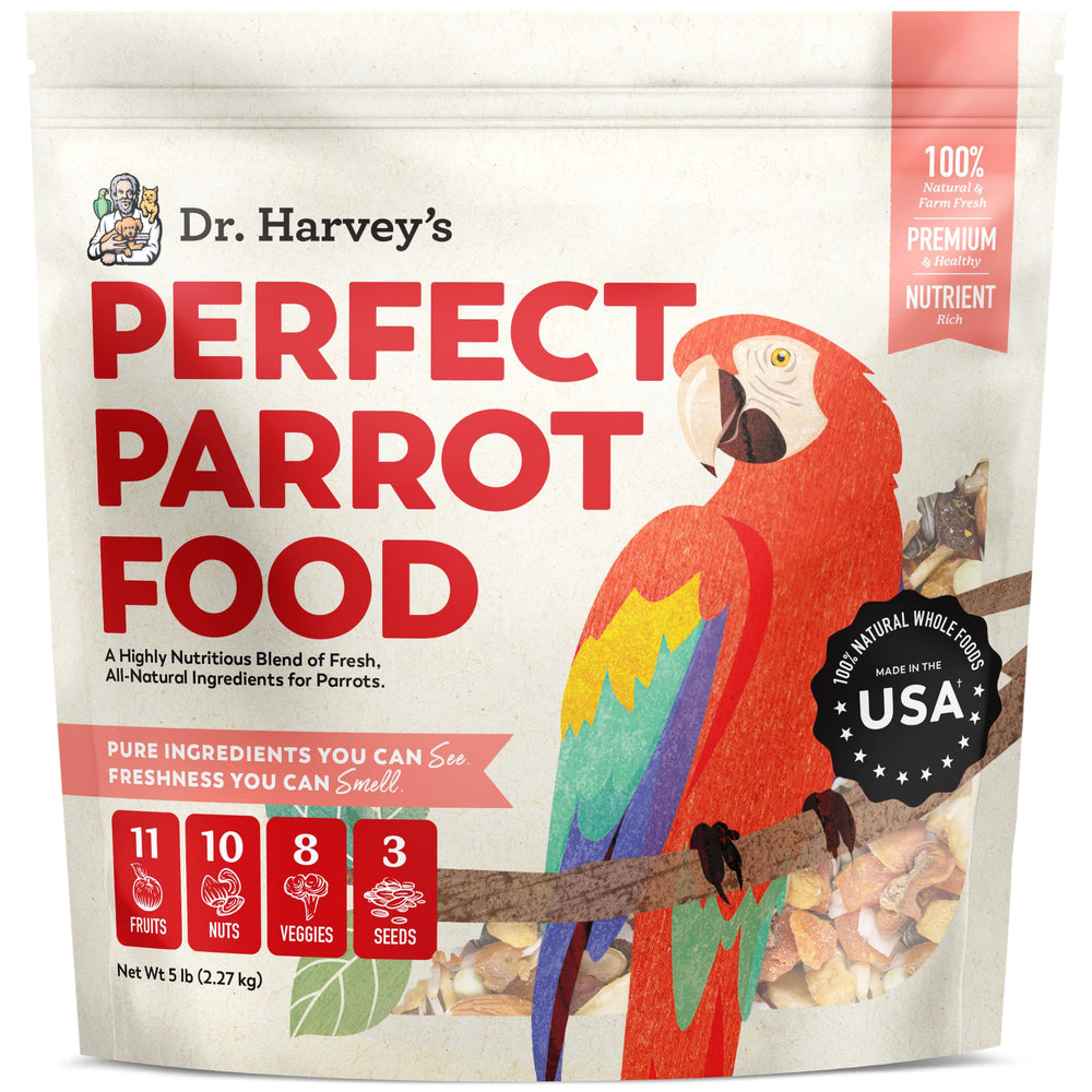 Dr. Harvey's Perfect Parrot Blend bag showing colorful mix for balanced nutrition