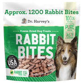 Dr. Harvey's Rabbit Bites pack front, single-ingredient dog treat.