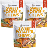 Dr. Harvey's Sweet Potato Chews USA-grown bag promotes a wholesome single-ingredient dog snack.