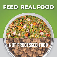 USA-made Dr. Harvey's dog food bag on kitchen counter.