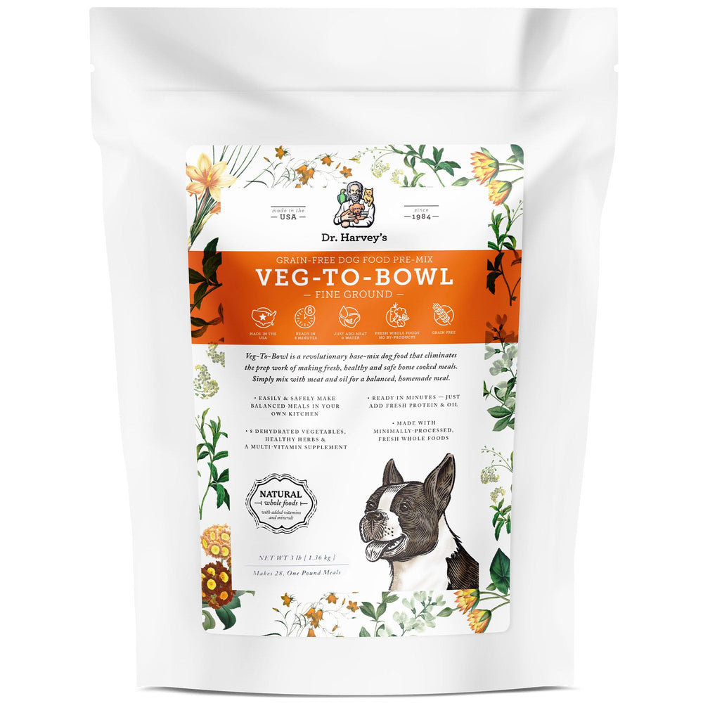 Dr. Harvey's Veg-to-Bowl Fine Ground base mix for small dogs, convenient rehydration for nutritious meals