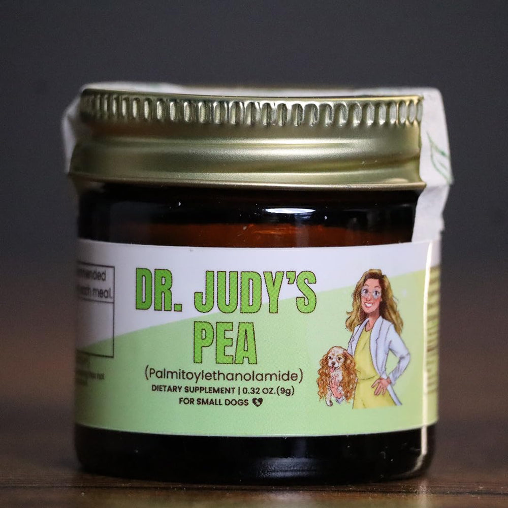 Dr. Judy's Pea palmitoylethanolamide bottle front supports joint comfort for small dogs.