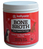 Dr. Kellyann Bone Broth Meal Topper jar for dogs promoting coat shine and digestion.