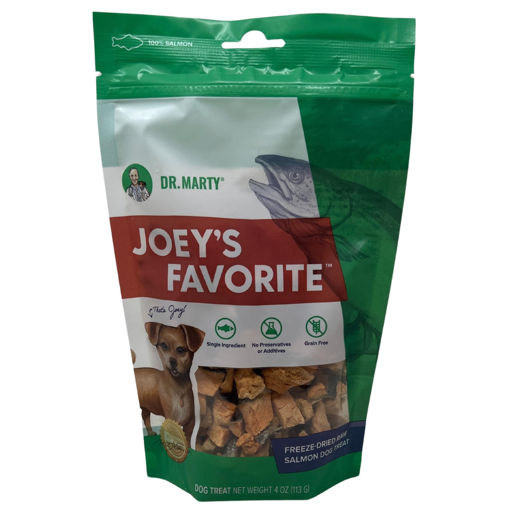 Dr. Marty Joey's Favorite Salmon Dog Treat 4 oz pack, protein-rich snack for dogs.