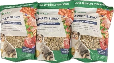 Dr. Marty Nature's Blend freeze-dried raw dog food packaging with three 16 oz bags, easy portioning
