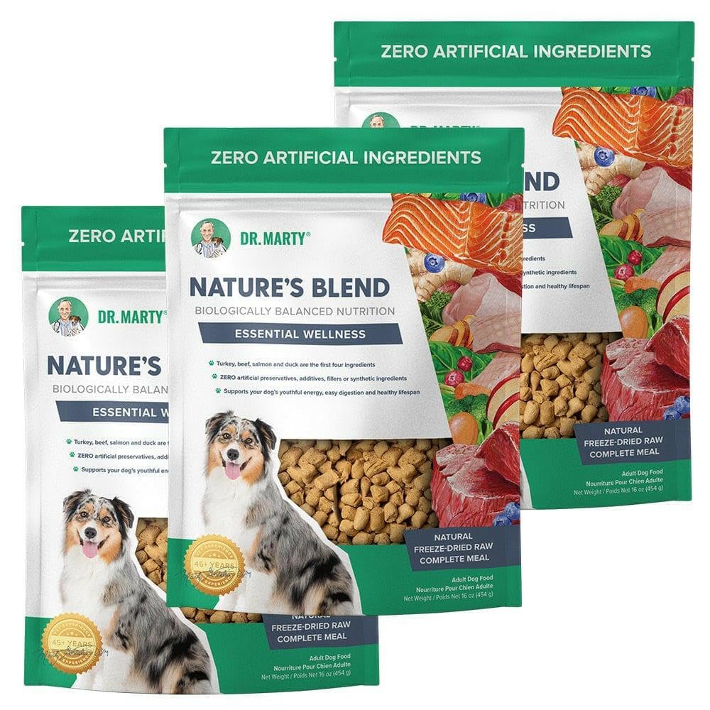Dr. Marty Nature's Blend packaging shown with three 16 oz bags for easy storage