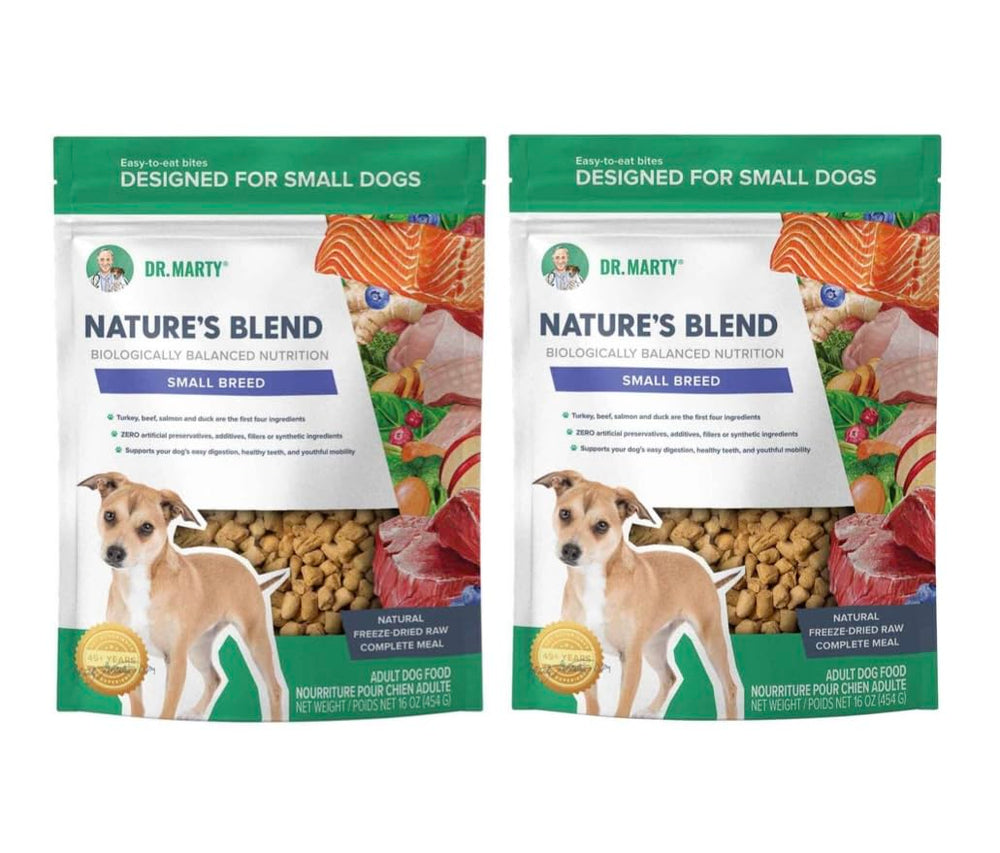 Dr. Marty Nature's Blend small-breed freeze-dried dog food ready to rehydrate for easy, nutritious meals.