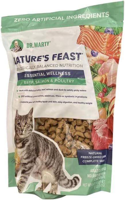 Dr. Marty Nature's Feast Essential Wellness dry cat food with beef, salmon, and poultry for balanced nutrition.
