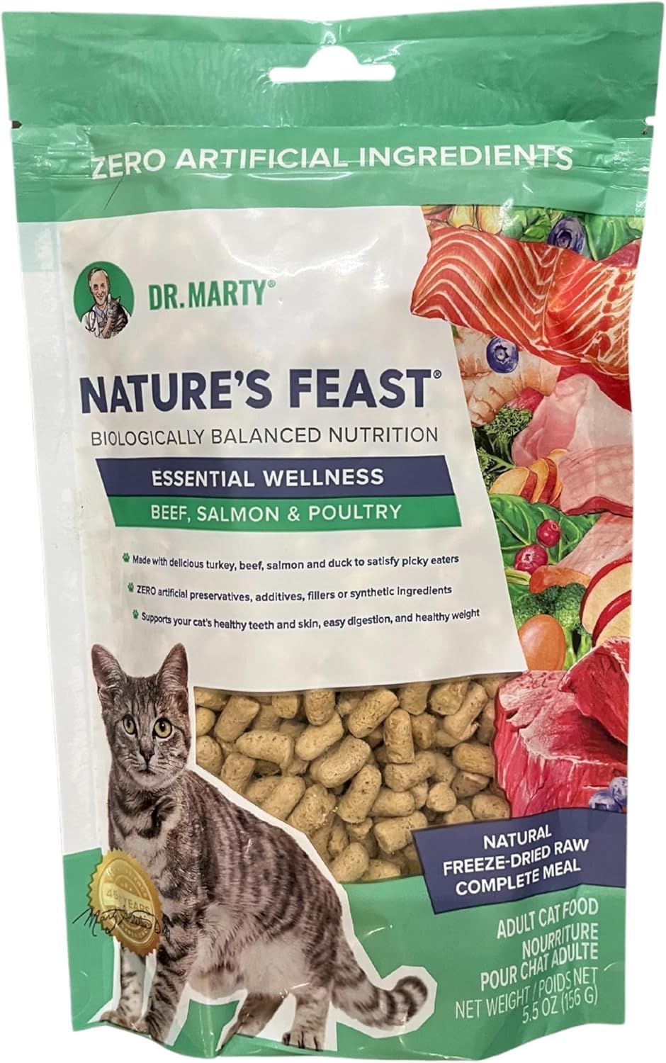 Dr. Marty Nature's Feast Essential Wellness dry cat food bag with beef, salmon, and poultry supports daily vitality.