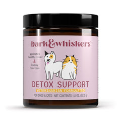 Dr. Mercola Bark & Whiskers Detox bottle label close-up highlighting milk thistle for liver support