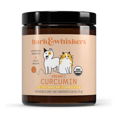 Dr. Mercola Bark & Whiskers Organic Curcumin bottle for pet mobility support.