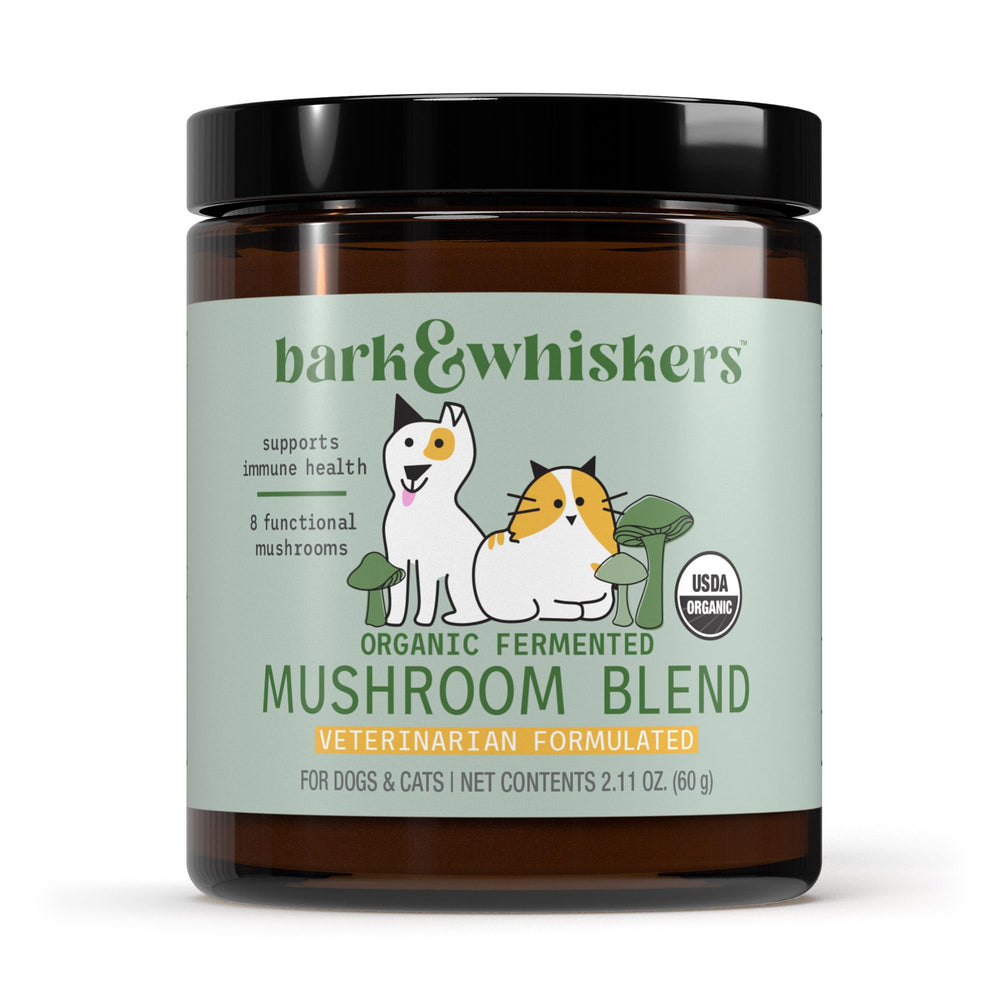 Dr. Mercola Bark & Whiskers organic fermented mushroom blend bottle for immune support.